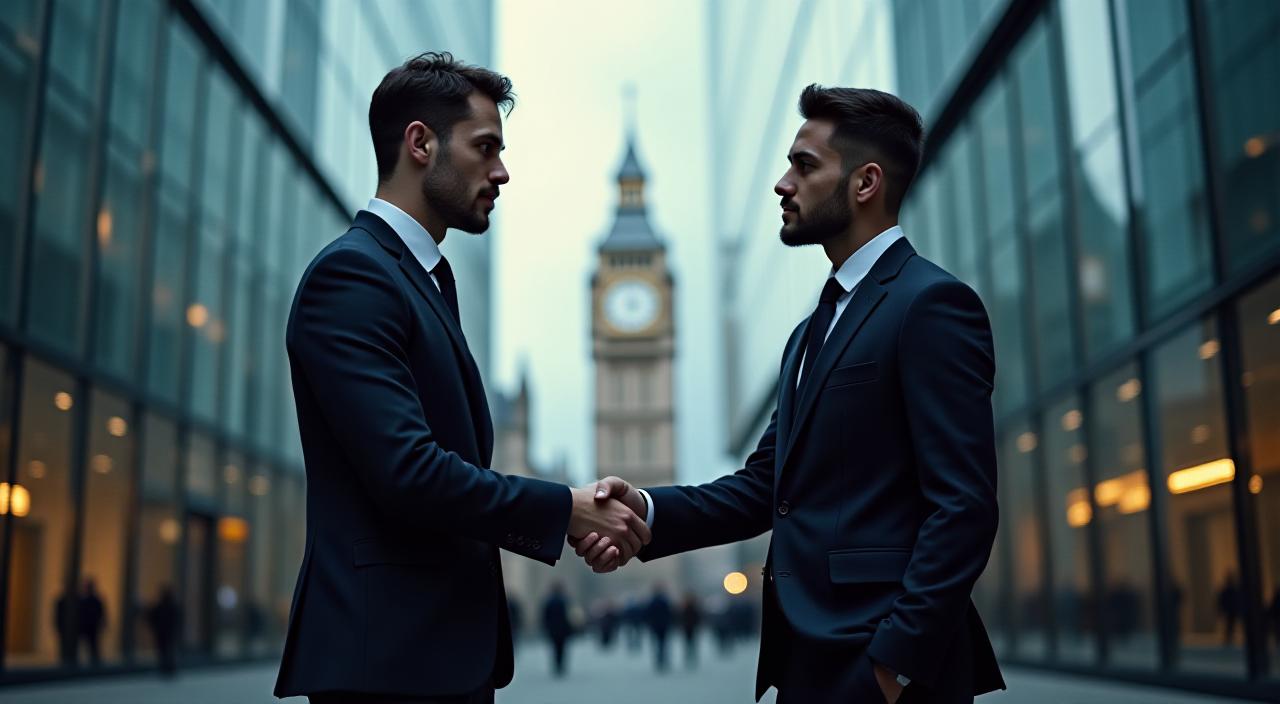 Two business professionals shaking hands in a shadowy outdoor London setting, representing an informal agreement
